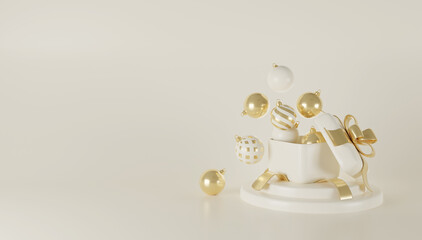 3D Christmas and New Year background.Luxury Style and Golden and Cream Color, Gifts box With Balls on podium and Lighting LED. Gift boxes hanging on ribbon. Ball, Gift boxes.
