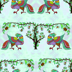 Obraz premium Seamless pattern. Birds and trees are oriental motifs. Indian ethnic patterns. Watercolor. Wallpaper. Use printed materials, signs, objects, websites, maps, posters, flyers, packaging.