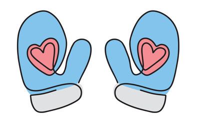 Continuous drawing of one line of winter mittens. The icon of a winter mitten with a heart. Christmas illustration in the style of light art. Minimalistic contour illustration for design.
