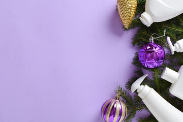 Christmas cleaning. Plastic white bottles with detergent for disinfection of fir branches and...