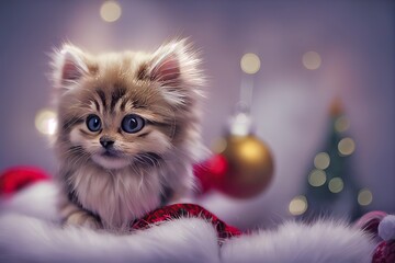 Siberian kitten in the room with Christmas decoration