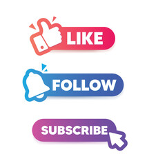 Subscribe, like, follow buttons. Label for video channel, for website.