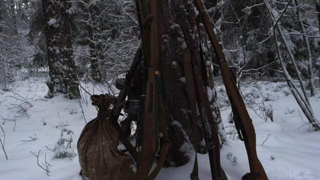 Mosin's Soviet rifle stands by a tree in the winter forest, several rifles are standing by a tree in the winter forest