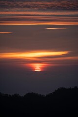 Vertical sunrise view with a red sun making clouds purple and tree silhouettes around