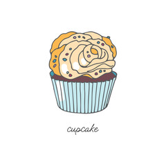 Fresh cupcake with cream decorated with dragee and chocolate chips on a white background