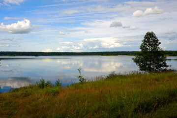 July. Blue sky and white clouds. Forest lake and reflection in the water. The banks of the reservoir