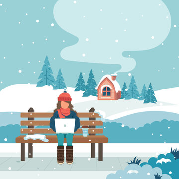Happy girl sitting on a bench in the winter village park with lap top and cup of coffee. Cartoon vector illustration for public garden, vacation concept.