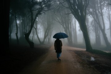 Person holding an umbrella walking along a gloomy forest trail surrounded by naked trees