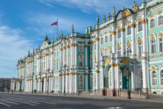 SAINT PETERSBURG, RUSSIA - OCTOBER 24, 2022: At the Winter Palace (Hermitage Museum) on a sunny October day