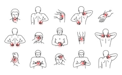 Fototapeta premium Pains in the human body. Ache in head, neck, shoulder, knee, chest, abdomen, wrist, back, elbow. Arthritis and rheumatism, joint pain illustration.