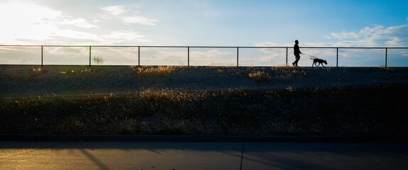 Sunrise over the Mississippi River bank with an undeniable person and walking dog in silhouette...