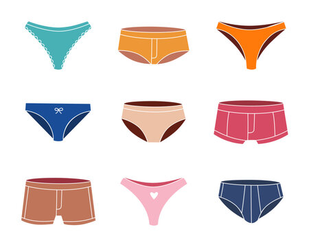 Colorful underpants. Woman and men underpants. Colorful swimwear. Personal underclothing apparel. Classic boxers, trunks, bikini, strings, thong
