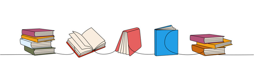 Books set one line colored continuous drawing. Bookstore, library continuous one line colorful illustration. Vector minimalist linear illustration. - 545250489