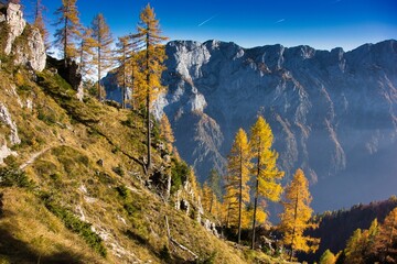 Tall peaks of the mountains on a clear day