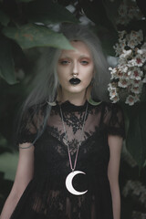 Dark goth girl standing in the forest, portrait of a wiccan witch performing magic