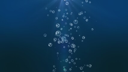 3D rendering of oxygen bubbles rising up in ray of sunlight. Sea underwater blue water background with air bubbles and flash light. Blue liquid with air bubbles in depth.