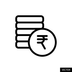 Coins stack, Revenue, Money with Indian Rupee INR symbol vector icon in line style design for website, app, UI, isolated on white background. Editable stroke. Vector illustration.