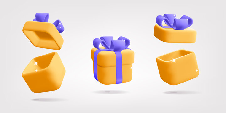 Collection of  yellow close and open gift box with purple ribbon bow icon 3d vector design. Plastic cartoon render modern holiday, celebration, anniversary greeting festive present surprise decoration