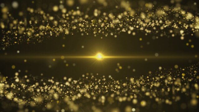 Two waves of gold dust. Background of sparkling golden dust bokeh with beam of light in the center on black background. Shiny golden stars, glow glitter particles, confetti.