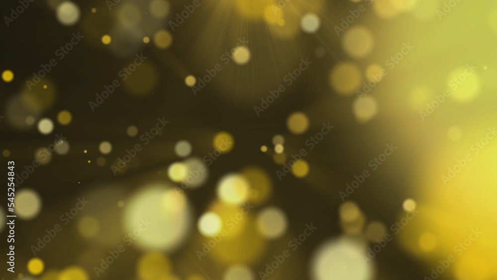 Poster golden particles of bokeh sparkle and float in the air. shiny glitter particles on a black backgroun