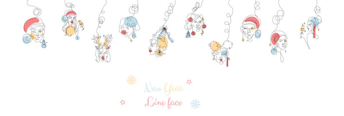 New Year women line faces with different Christmas toys. Modern abstract line minimalistic women faces arts postcard or brochure cover design. Different woman faces. Vector illustrations design