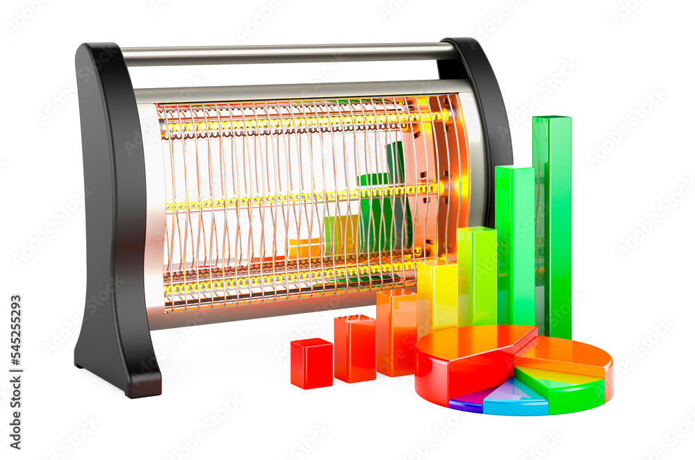 Aufkleber halogen or infrared heater with growth bar graph and pie chart, 3d rendering