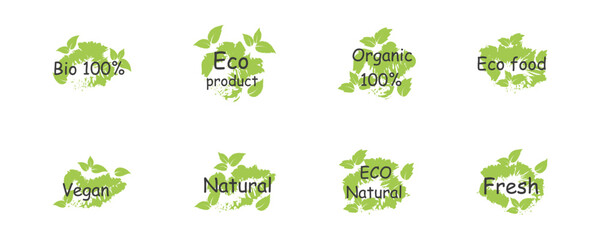 Fresh healthy organic vegan food logo labels and tags. Eco stickers for labeling package, food, cosmetics. Set of Vegan, eco, bio, organic, fresh, healthy, nateral food