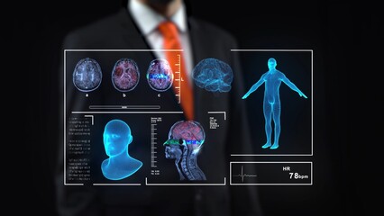 Doctor looking on technological medical digital holographic monitor. Medical virtual hologram with human brain and body. Diagnosis, treatment, research.