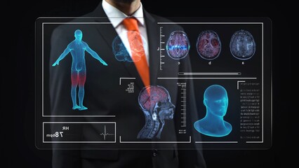 Doctor looking on technological medical digital holographic monitor. Medical virtual hologram with human brain and body. Diagnosis, treatment, research.