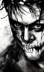 Digital painted illustration of fantasy scary zombie or vampire, horror character portrait. 
