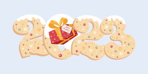 Happy New Year 2023 christmas cookies number. festive realistic decoration. Celebrate party 2023, Web Poster, banner, cover card, brochure, flyer, layout design. White background