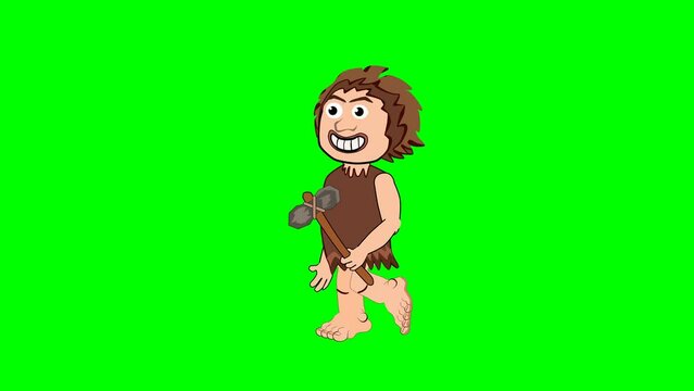 Caveman lift up  a stone axe on his shoulders walking loop 2d animation cartoon, green screen