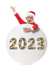 Santa Claus holds christmas poster and 2023 number