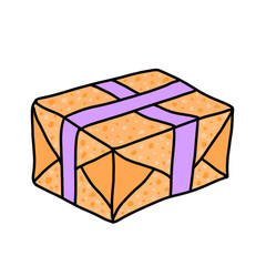 Doodle orange gift box. Outline cartoon package with purple present bow. Delivery valentine cardboard parcel
