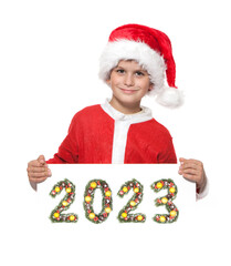 Santa Claus holds christmas poster and 2023 number