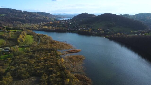 Aerial view of Myczkowskie lake, near Solina with Solina dam in Poland. Drone footage.