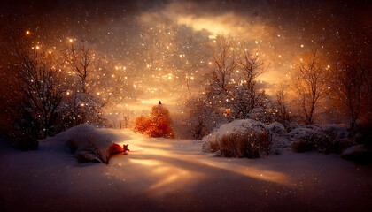 christmas backdrop, golden winter landscape with sparks, created with generative ai