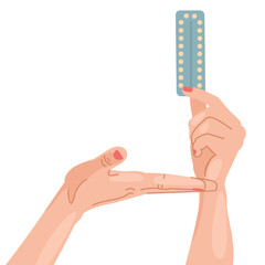 Woman's hands holding oral contraceptive pills in blister pack. Contraception method concept. Pregnancy prevention and baby birth control. Trendy hand-drawn vector flat cartoon illustration. - obrazy, fototapety, plakaty