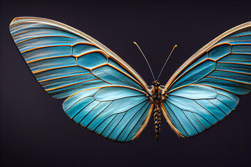 Blue turquoise tropical butterfly with wings spread and on black background, close-up macro. 3d render.