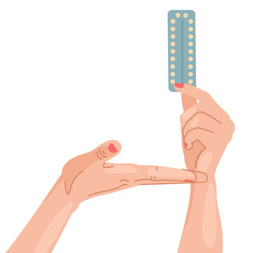 Woman's hands holding oral contraceptive pills in blister pack. Contraception method concept. Pregnancy prevention and baby birth control. Trendy hand-drawn vector flat cartoon illustration.