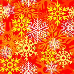 seamless asymmetric pattern of multicolored snowflakes on a red background, texture, design