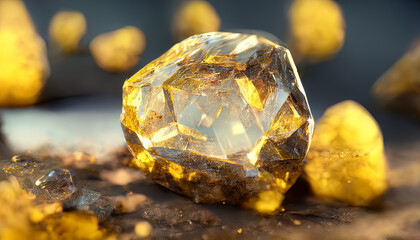 Large topaz gemstone close-up on topaz background with bokeh lights. Yellow topaz crystal. Yellow gemstone. Yellow gems. - obrazy, fototapety, plakaty