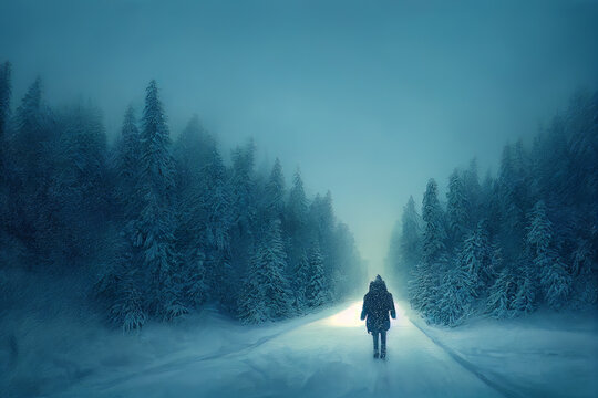 Woman walking on a path in a mystery dark forest covered with fog, Illustration. Young lonely female in forest at night.