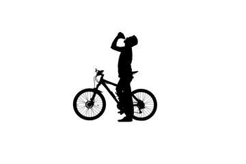 Fototapeta na wymiar Side view on black silhouette of cyclist is drinking water from bottle on white background. Male bicyclist quenches thirst while cycling. Traveling, training, active rest. Active sporty people concept