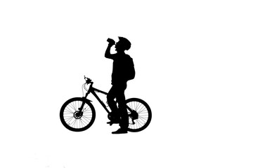 Fototapeta na wymiar Side view on black silhouette of cyclist is drinking water from bottle on white background. Male bicyclist in bicycle helmet and with backpack quenches thirst while cycling.