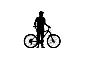 Obraz premium Black silhouette of cyclist in bicycle helmet isolated on white background. Male bicyclist standing next to a sports bike and looking to the side. Active sporty people concept image.