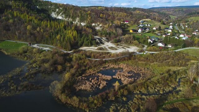 Aerial view of Myczkowskie lake, near Solina with Solina dam in Poland. Drone footage.