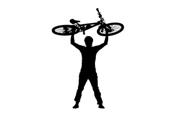 Black silhouette of cyclist in cycle helmet holding bicycle overhead on white background. Male bicyclist standing in sportswear. Active sporty people concept image.