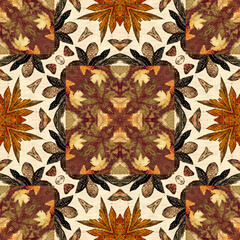Autumn leaves woodland seamless pattern. Brown retro kaleidoscopic textile print. Backdrop of vintage ornate forest wallpaper. Garden botanical print. 