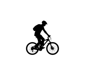 Side view on black silhouette of cyclist in bicycle helmet and with backpack on white background. Male bicyclist pedaling and riding a sports bike. Traveling, training, active rest.